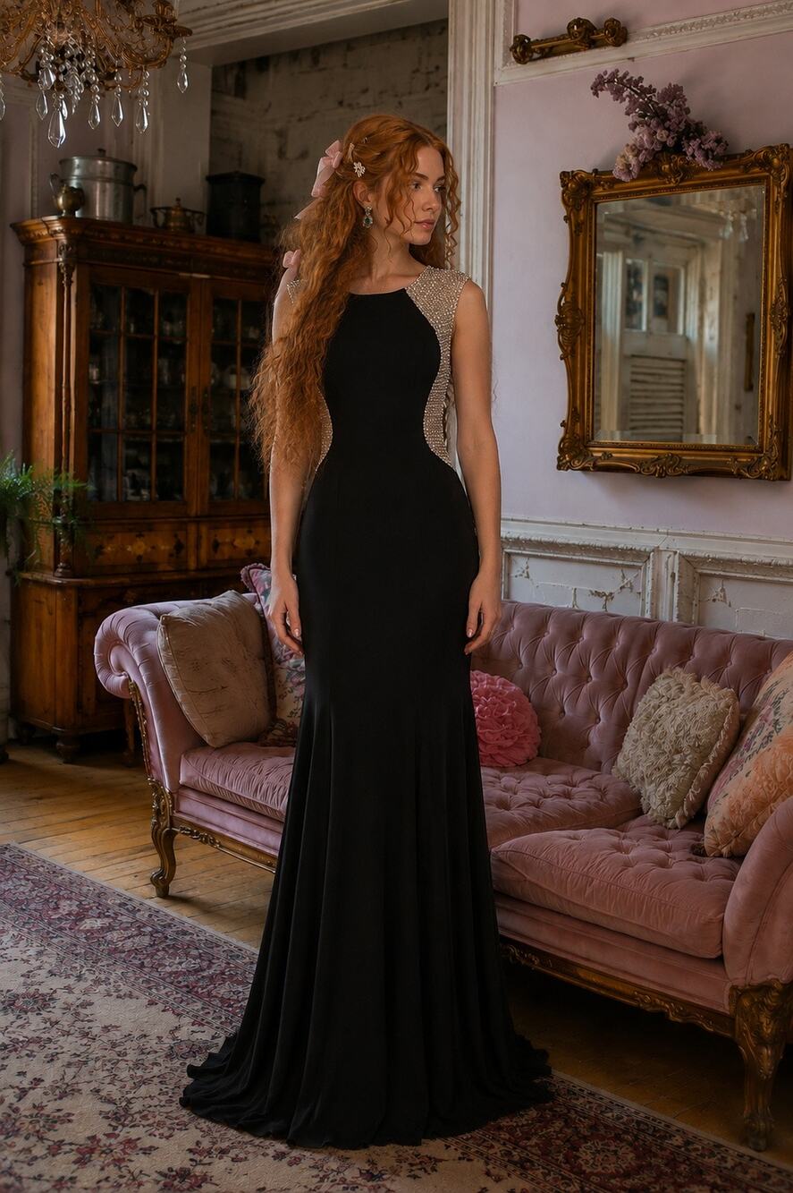 Vintage Y2K Glam Beaded Illusion Mesh Black Evening Gown Sz 8 by Cache